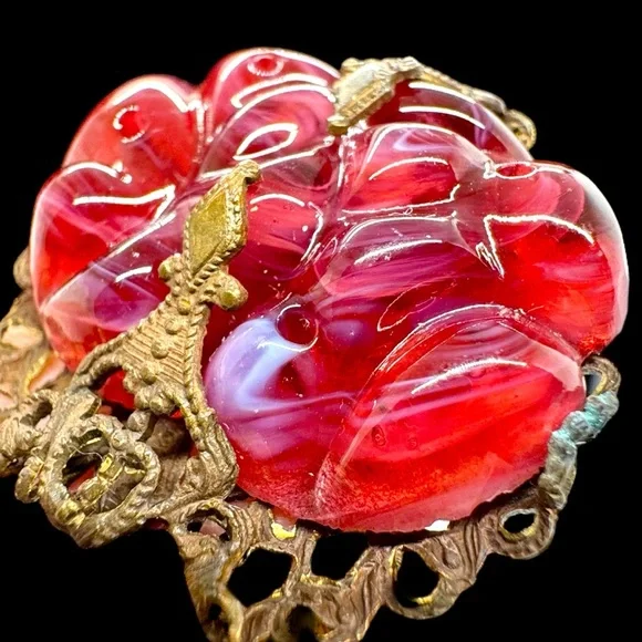 Vintage Art Deco Czech(?) Red Art Glass & Crystal Brass Necklace - Picture 10 of 12